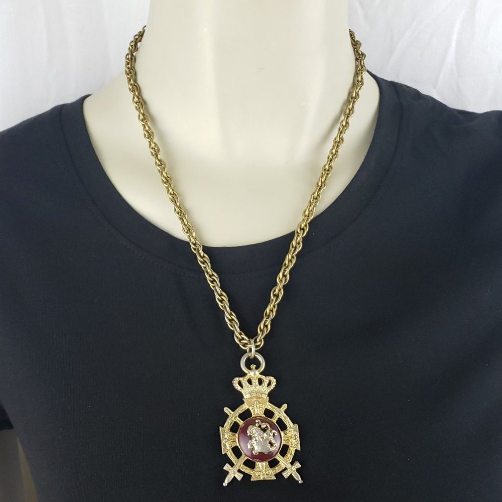 Goldtone Necklace with crossed sword crown pendant